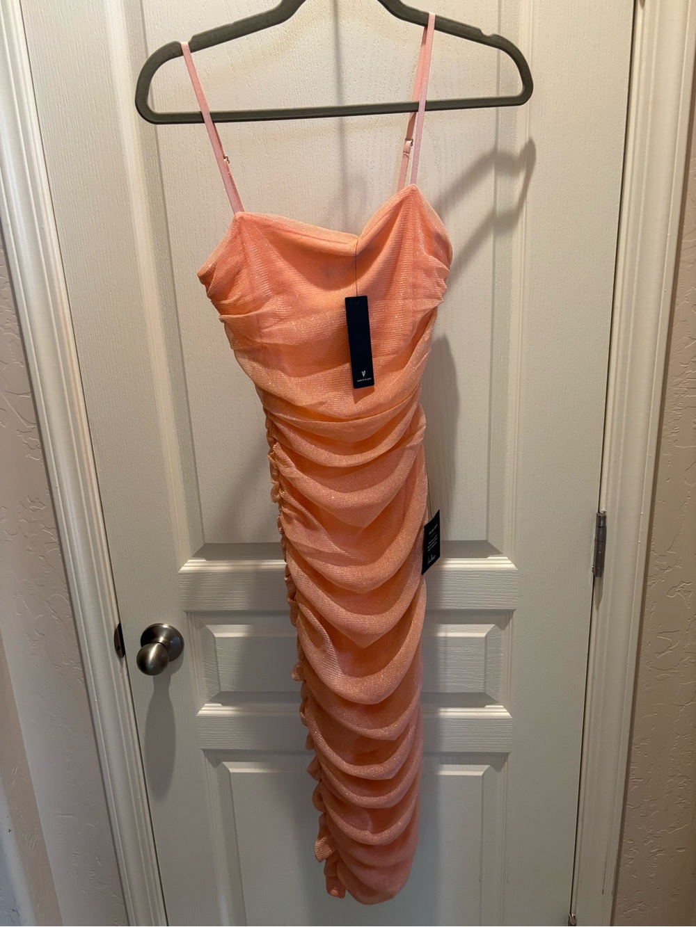 Lulu's Peach Ruched Midi Slip Dress with Adjustable Straps